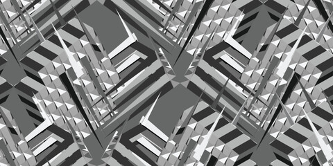 Abstract 3D geometric seamless pattern in black and white. Perfect for modern backgrounds, wallpapers, textiles, web design, and digital projects.