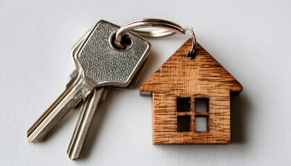 Key and small house model on white background with copy space. Top view, flat lay. Real estate, insurance, mortgage, buy sell house, realtor concept. Panorama.