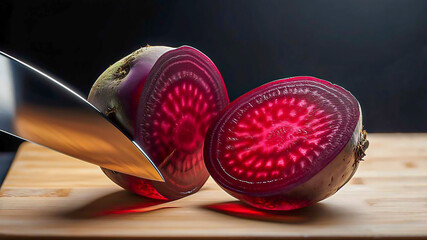 Transparent beetroot, cut in half, like a crystal with a faceted surface,