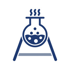 Blue Erlenmeyer Flask with Boiling Liquid on a Simple Stand Isolated on White Background Scientific Experiment