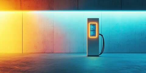 Futuristic electric vehicle charging station in a brightly lit, concrete-walled interior