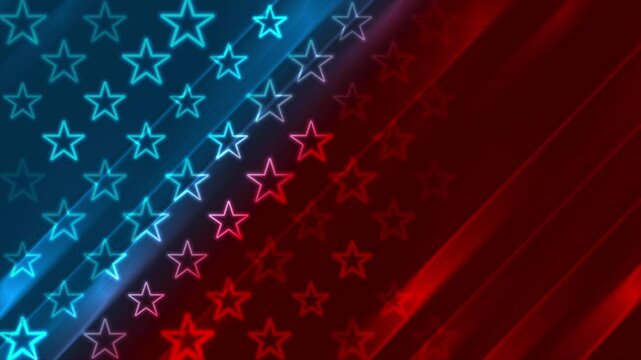 Blue red glowing neon USA flag abstract striped background. Seamless looping Independence Day motion design. Video animation Ultra HD 4K 3840x2160