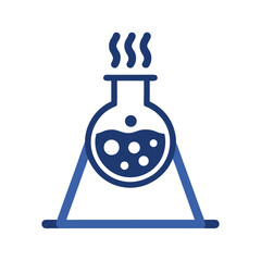 Blue Erlenmeyer Flask with Boiling Liquid on a Simple Stand Isolated on White Background