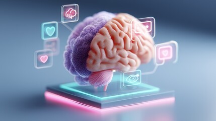 Human brain model with digital icons.
