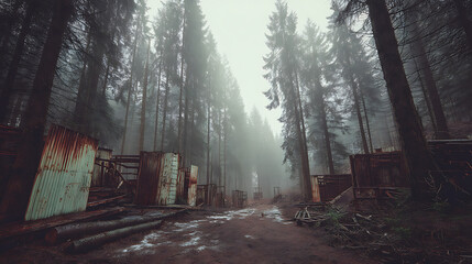 Obraz premium Misty forest clearing with abandoned structures