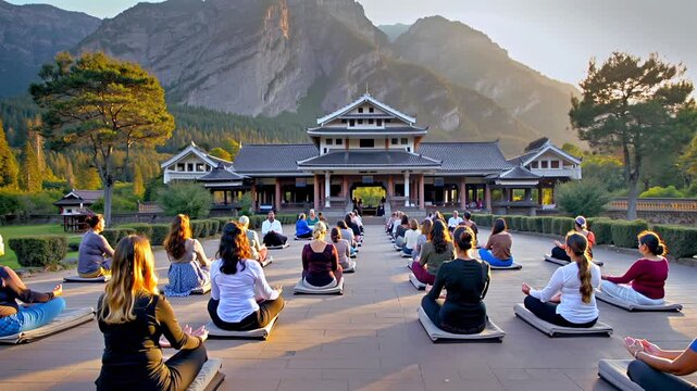Zen practitioners meditating in lotus position during mountain temple yoga retreat, embodying tranquility within stunning natural surroundings