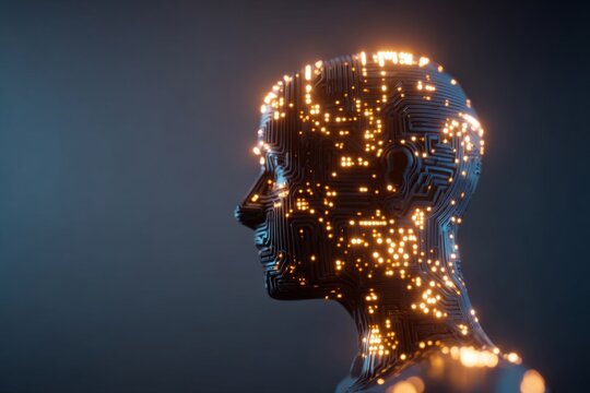 A human head silhouette illuminated with glowing circuit boards, symbolizing artificial intelligence and digital cognition.