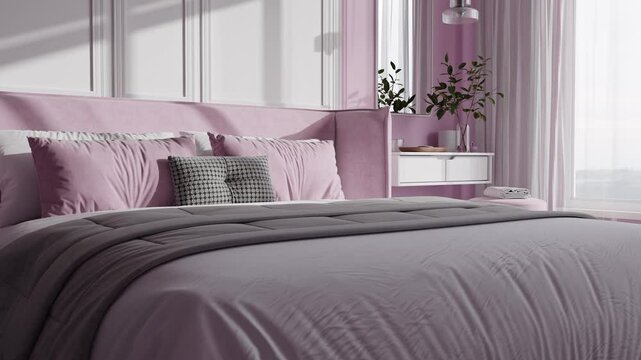 Modern Pink Bedroom Interior Elegant Minimalist Design in Soft Pastel Tones 3D Animation Architectural Visualization 4K