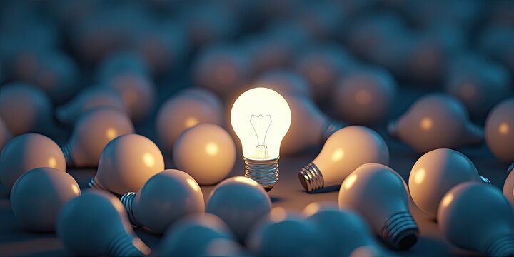 Illuminated lightbulb amidst many unlit bulbs