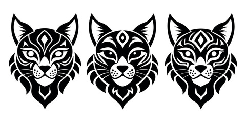 Cat Faces Icons Set in Black, Featuring Various Expressions, Bows, and Heart Details
