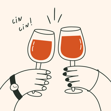 Doodle drawing of hands holding clinking wine glasses. Cheers, cin cin, toast concept in line art style. Dinner party, celebration event, wedding design. Vector graphic for card, poster, print