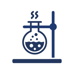 Dark Blue Round Bottom Flask with Bubbles on a Stand Isolated on White Background Simple Science Experiment Icon