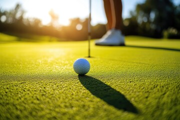 Golf ball resting on a green, sunny fairway, with a golfer's foot and club partially visible