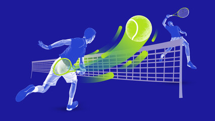 Pair of professional tennis players depicted in fluid motion, portrayed with a lively, dynamic...