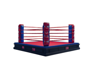 Boxing ring graphic.  Red and blue boxing ring, 3D model.  Elevated, isolated on black