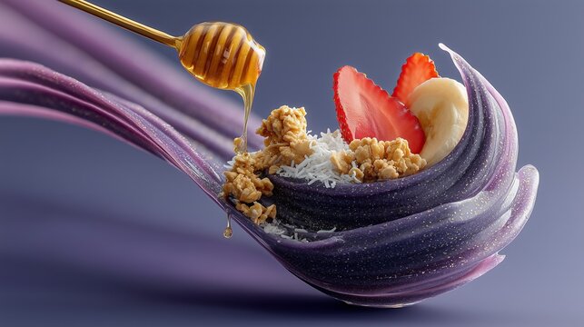 Purple smoothie bowl with granola, strawberries, and banana drizzled with honey.