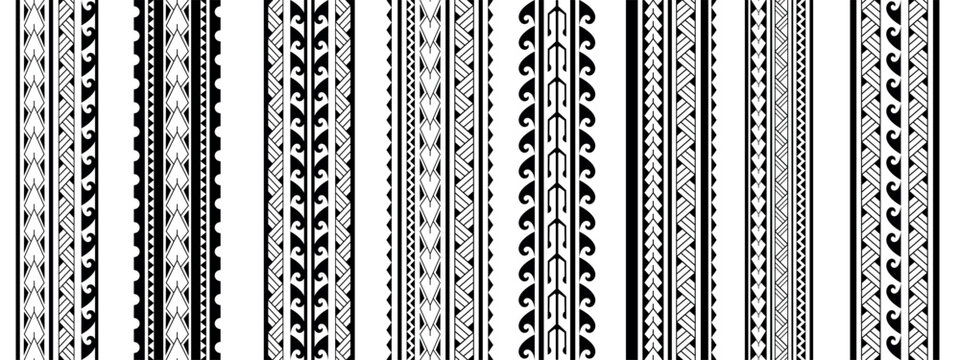 Set of Maori Polynesian tattoo bracelets border. Tribal sleeve seamless pattern vector. Samoan bracelet tattoo design fore arm or foot.  Vertical pattern