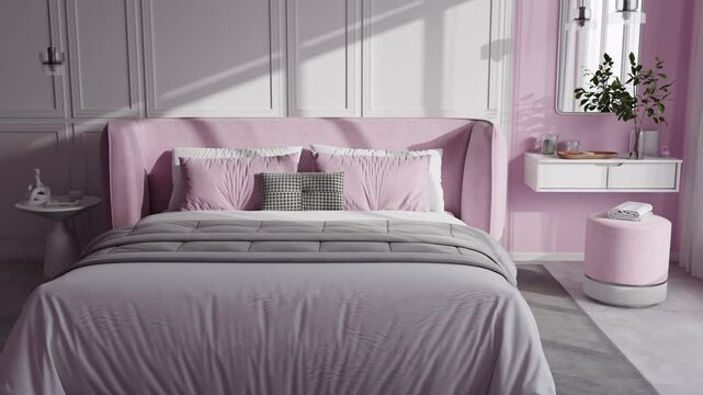Modern Pink Bedroom Interior Elegant Minimalist Design in Soft Pastel Tones 3D Animation Architectural Visualization 4K