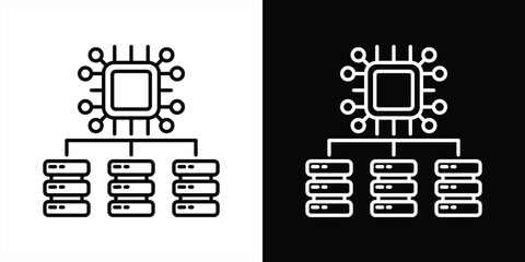 the neural network hub icon set. containing central processing unit orchestrating distribute data server for advanced AI operation thin line and color style icon symbol sign. vector illustration