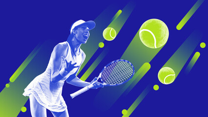 A woman tennis player striking a dynamic stance grips a racket while tennis balls soar across a...