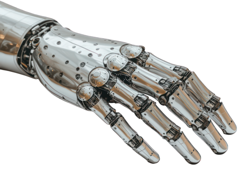 Chrome robotic hand, highly detailed mechanical parts, intricate design