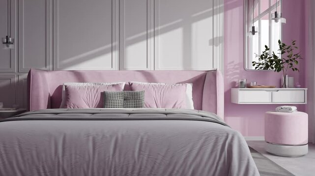 Modern Pink Bedroom Interior Elegant Minimalist Design in Soft Pastel Tones 3D Animation Architectural Visualization 4K