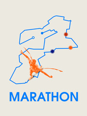 Celebratory finish as runner crosses line with arms raised, shown over mapped marathon path. Structured progress gives form to chaos. Eye-catching visual for events and announcements.