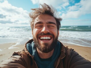 Man laughing joyfully on beach, with ocean in background. Happy and carefree moment captured.