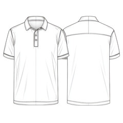 Polo Short Sleeve Collared Flat Technical Drawing Illustration Blank Mock-up Template for Design and Tech Packs CAD Technical Sketch
