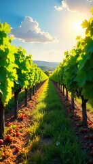 Naklejka premium Sun-drenched rows of grapevines stretching to the horizon, lush green leaves and ripening fruit, a picturesque vineyard landscape at harvest time , vineyard, fall, agriculture