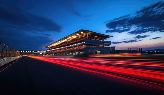 Racing track at twilight, long exposure of cars