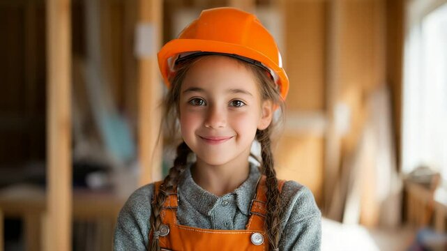 Young Girl in Orange Hard Hat Smiling in Construction Workshop