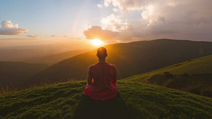Relaxing yogi sitting with his back to the sun. Young man in red clothes on top of a mountain in an alpine landscape. 