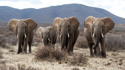Fototapeta premium Four elephants in savanna, facing forward