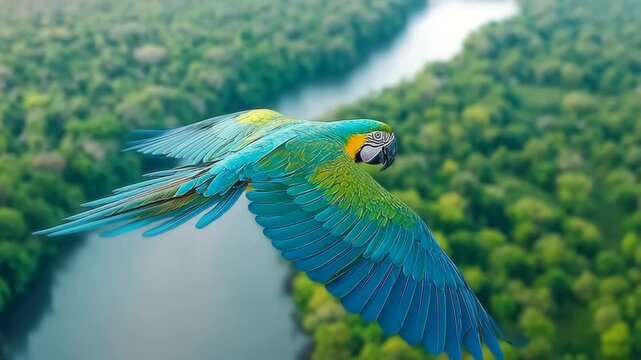 Flying blue macaw bird in tropical jungle sky captured in vivid flying blue macaw bird motion with close-up of a flying blue macaw bird soaring above lush forest landscape