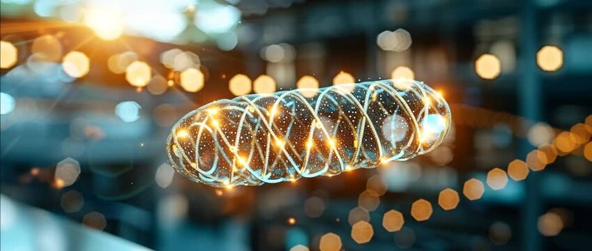 futuristic glowing mitochondria cell in scientific laboratory background with futuristic glowing mitochondria motion showing cellular energy of futuristic glowing mitochondria in high detail