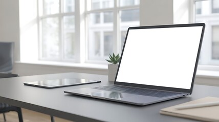 Photo of a laptop and tablet are on a desk by a window