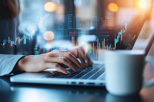 Close-up of hands typing on laptop, financial data overlay (1) - Powered by Adobe