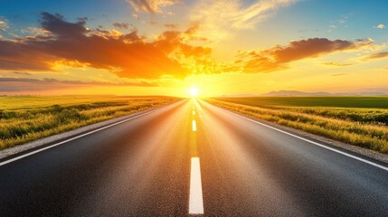 Naklejka premium Asphalt road stretches to a vibrant sunset