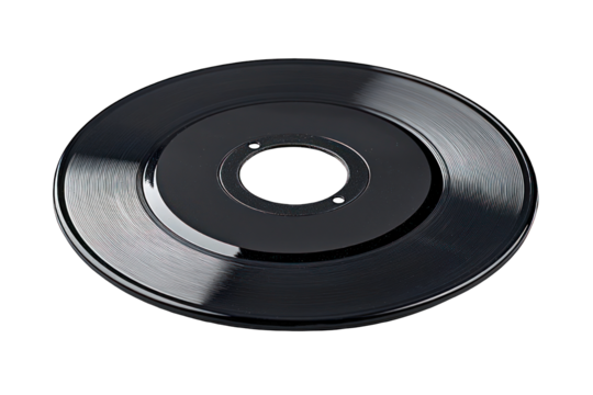 Circular, metallic disc with a central hole.  High-polish finish