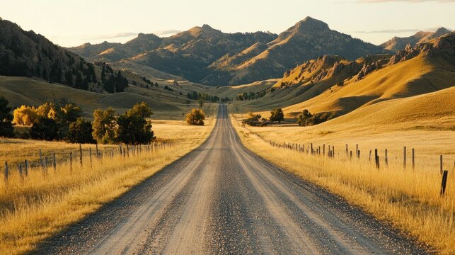 Golden dirt road winds through valley, mountains in background