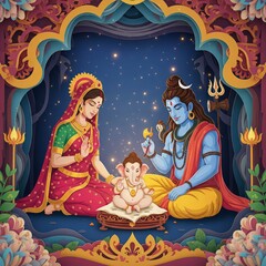 A beautiful papercraft diorama of the holy family in Hinduism, showing Shiva and Parvati with the infant Lord Ganesha
