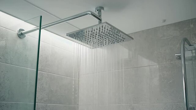 Modern chrome square showerhead inside a clean, minimalistic glass shower cabin. Water has just started flowing from the nozzle, with clear droplets and spray captured mid-air. Soft lighting highlight
