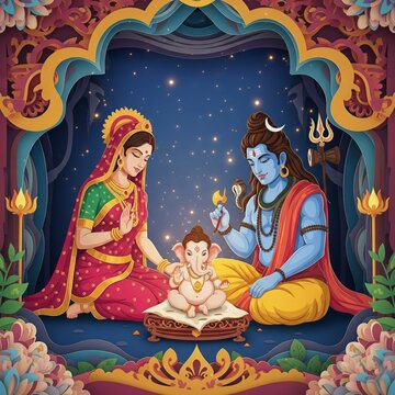 A beautiful papercraft diorama of the holy family in Hinduism, showing Shiva and Parvati with the infant Lord Ganesha
