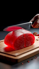 A transparent piece of meat, cut in half, like a crystal with a faceted surface,