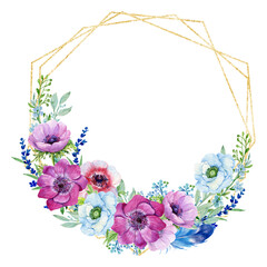 Watercolor flower with golden frame