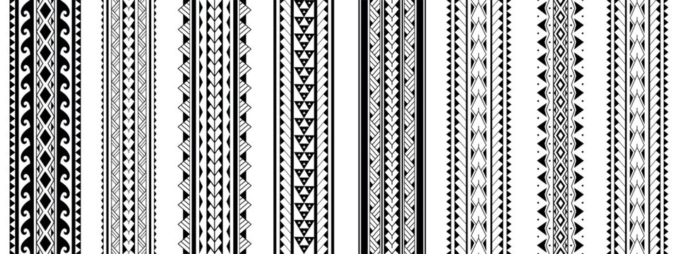 Set of Maori Polynesian tattoo bracelets border. Tribal sleeve seamless pattern vector. Samoan bracelet tattoo design fore arm or foot.  Vertical pattern