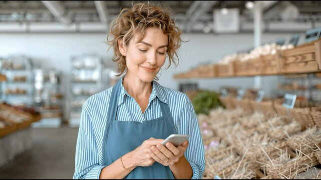 40 years old woman, working in grocery shop. Dressed in work uniform, typing on a phone, standing in the shop,