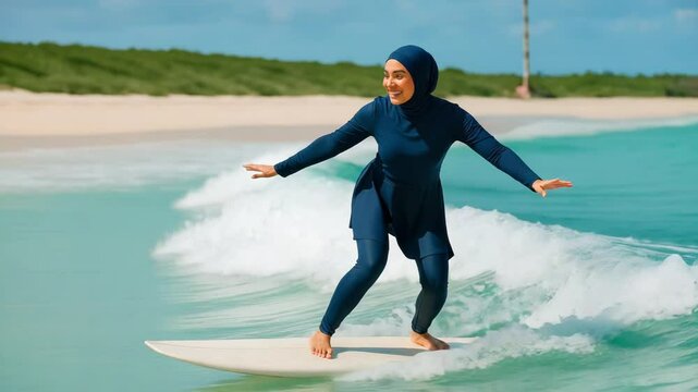 A Muslim woman in a stylish full-coverage burkini with a flowy swim skirt is riding a small wave on a surfboard, arms extended for balance, joyful expression, turquoise ocean and beach in background, 