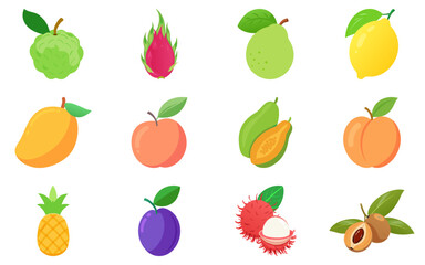 Exotic and classic fruit flat vector set – vibrant icons for tropical recipes, food packaging, and educational use